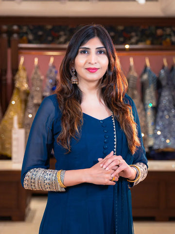 Peacock Blue Panel Designed Anarkali Georgette Gown - Diadem