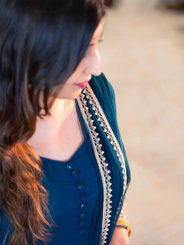 Peacock Blue Panel Designed Anarkali Georgette Gown - Diadem