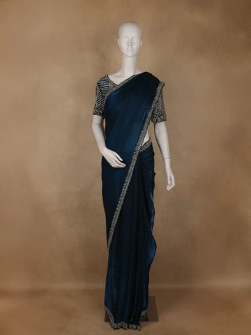 Peacock Blue Solid Organza Saree With Stone Embellished Border And Designer Blouse - Diadem