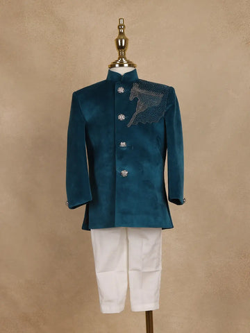 Peacock Blue Velvet Indo-Western Kids Sherwani With Horse Embellished Shoulder - Diadem