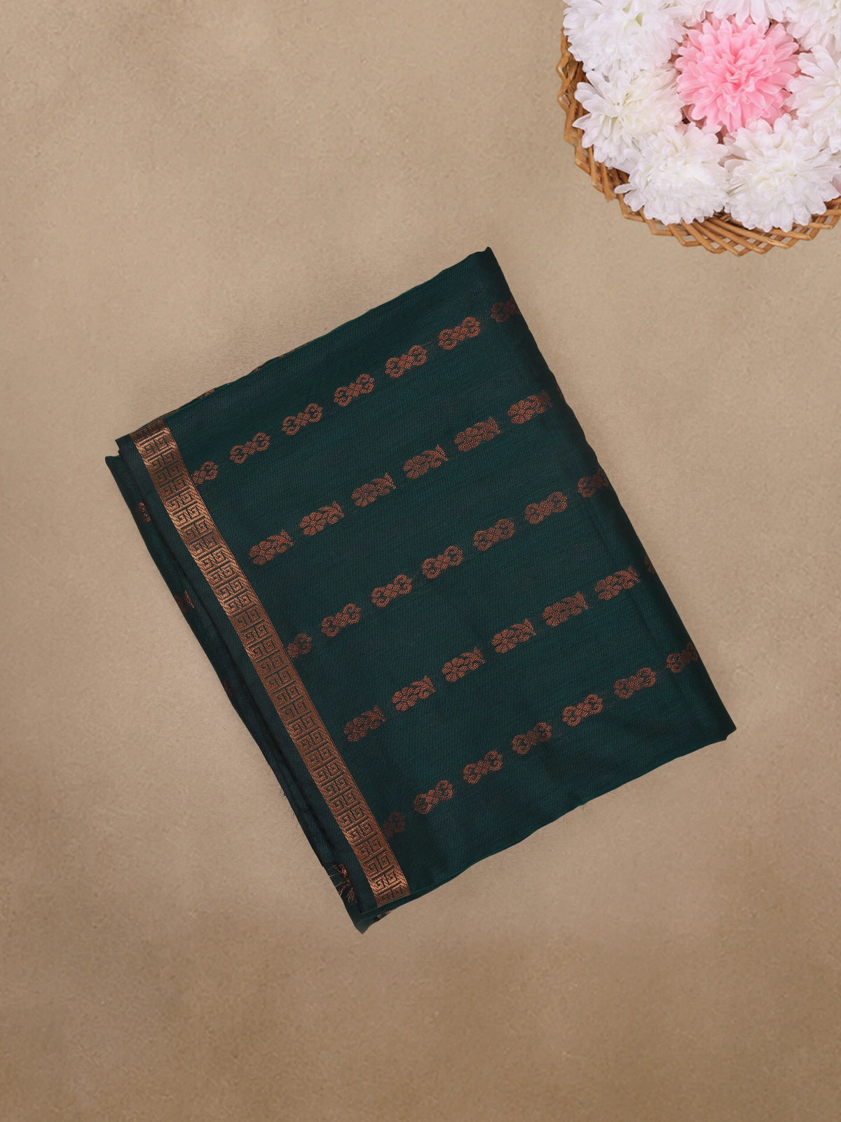 Peacock Green Floral Butta Design Cotton Saree