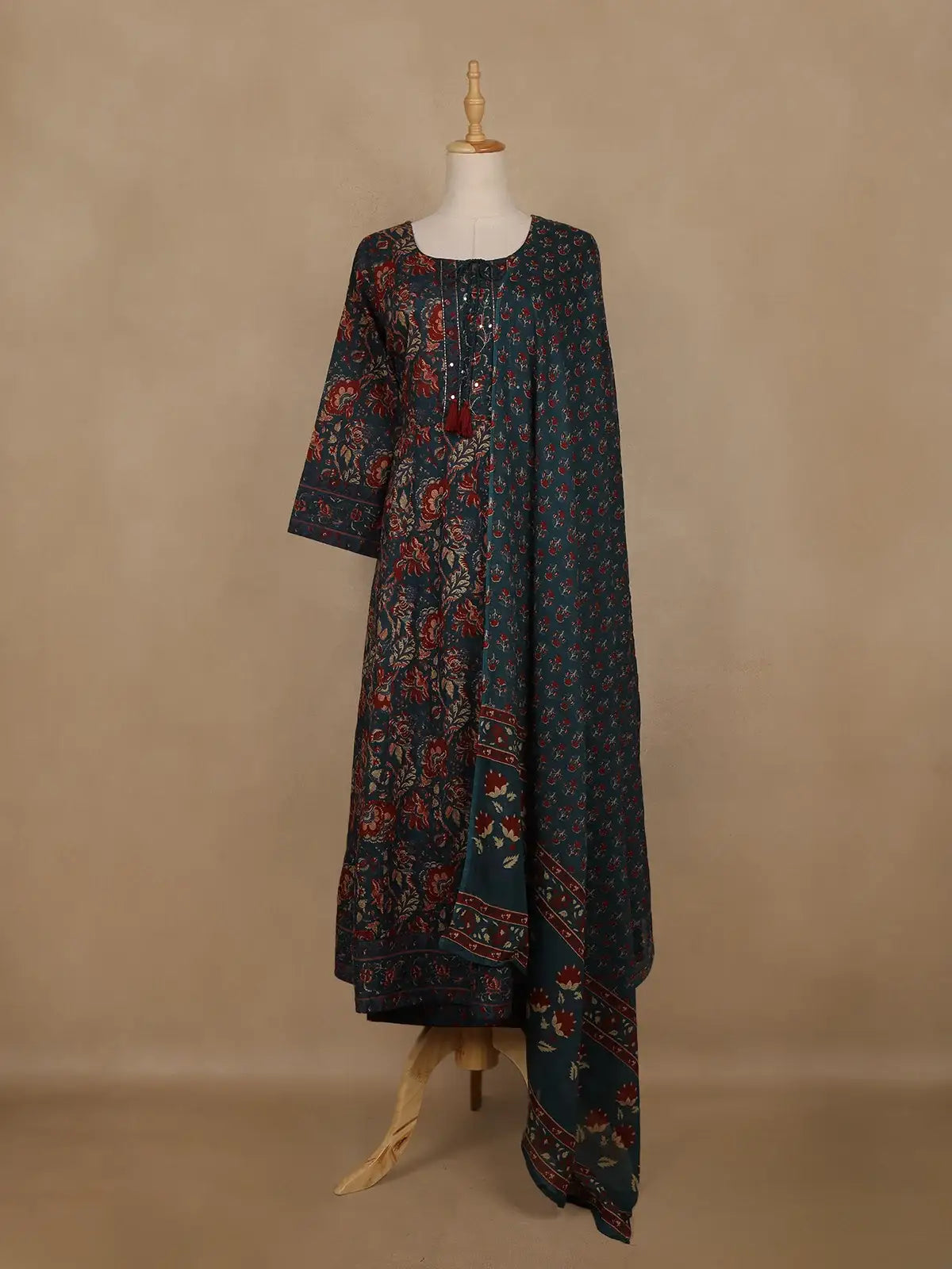 Peacock Green Floral Printed Cotton Salwar Suit With Dupatta - Diadem