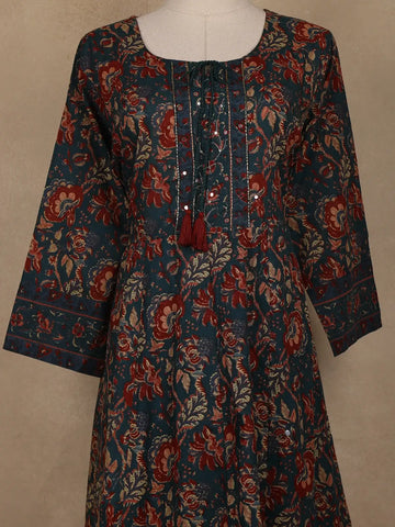 Peacock Green Floral Printed Cotton Salwar Suit With Dupatta - Diadem