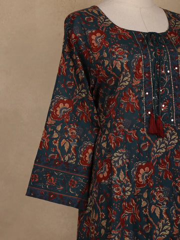 Peacock Green Floral Printed Cotton Salwar Suit With Dupatta - Diadem