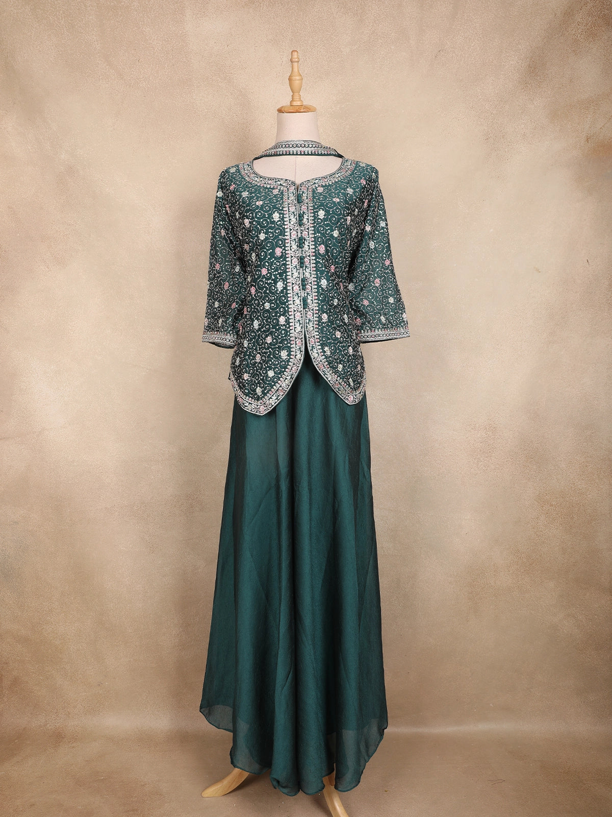 Peacock Green Sequins Design Georgette Palazzo Suit with Choker Dupatta