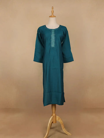 Peacock Blue Floral Design Cotton Kurti - Diadem