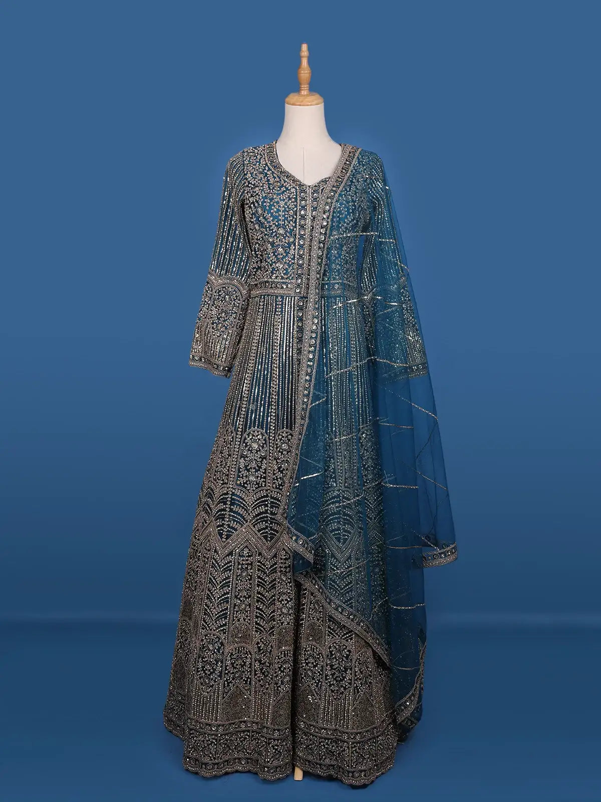Peacock Blue Floral Embroidery Net Bridal Pakistani Lehenga - Diadem