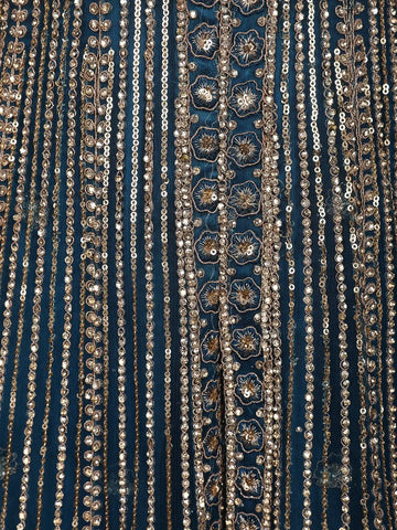 Peacock Blue Floral Embroidery Net Bridal Pakistani Lehenga - Diadem