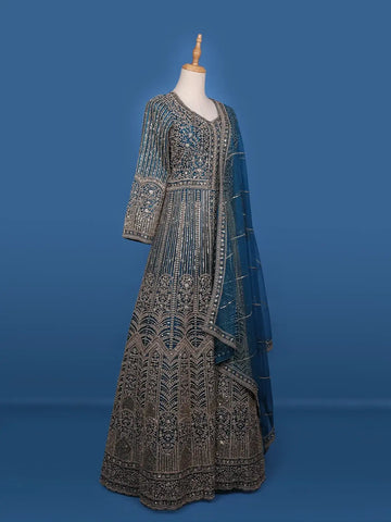 Peacock Blue Floral Embroidery Net Bridal Pakistani Lehenga - Diadem