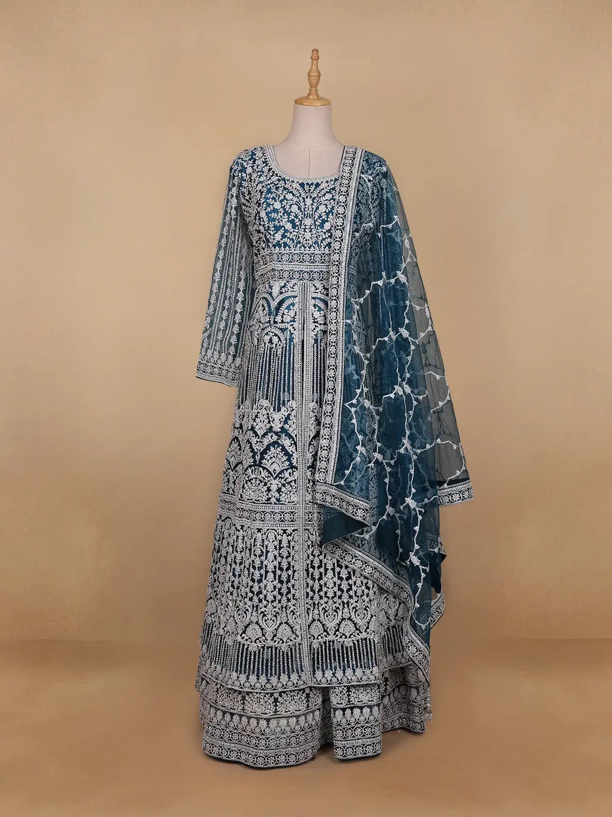 Peacock Blue Floral Embroidery Net Bridesmaid Gown - Diadem