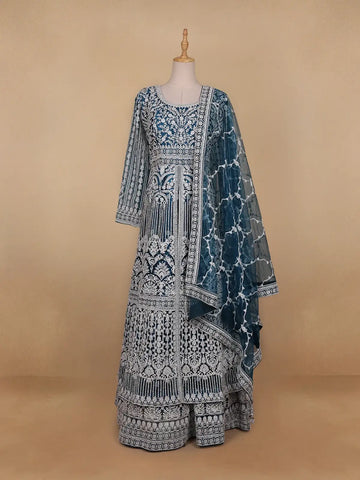 Peacock Blue Floral Embroidery Net Bridesmaid Gown - Diadem