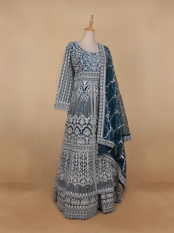 Peacock Blue Floral Embroidery Net Bridesmaid Gown - Diadem