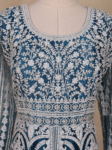 Peacock Blue Floral Embroidery Net Bridesmaid Gown - Diadem