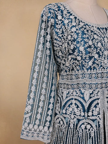 Peacock Blue Floral Embroidery Net Bridesmaid Gown - Diadem