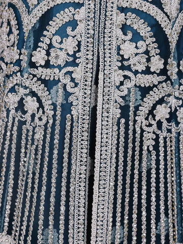 Peacock Blue Floral Embroidery Net Bridesmaid Gown - Diadem