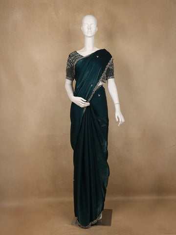Peacock Blue Sequins Design Satin Saree - Diadem