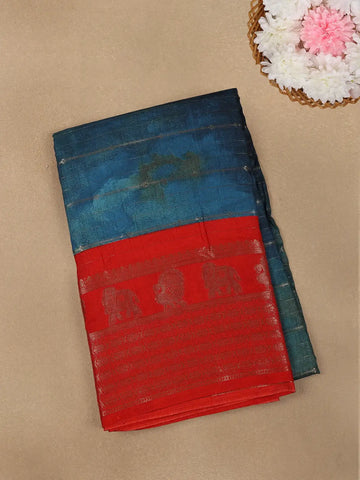 Peacock Blue with Red Contrast Zari Border Cotton Saree - Diadem