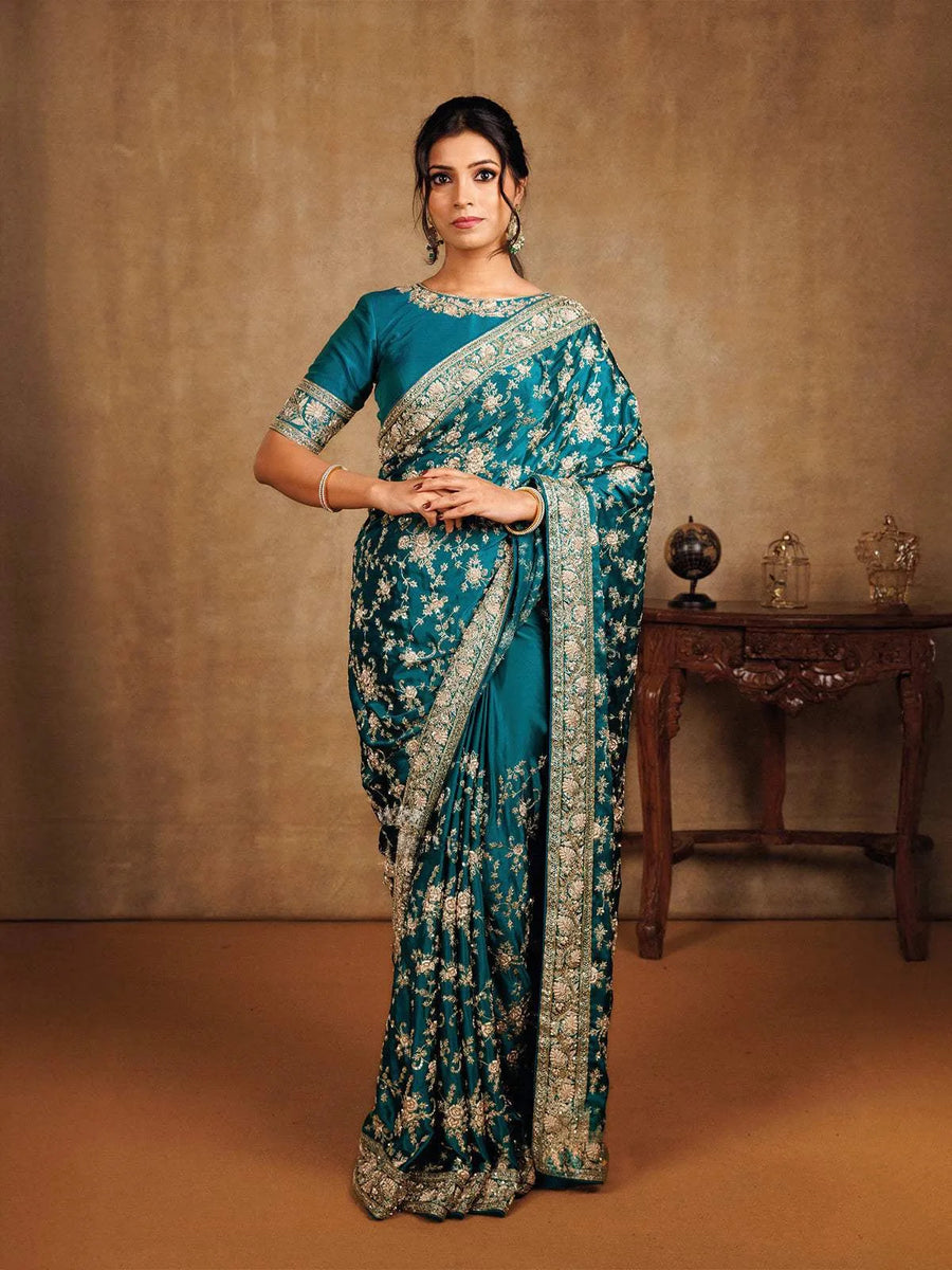 Peacock Green Bridal Satin Saree With Full Zardosi Floral Design