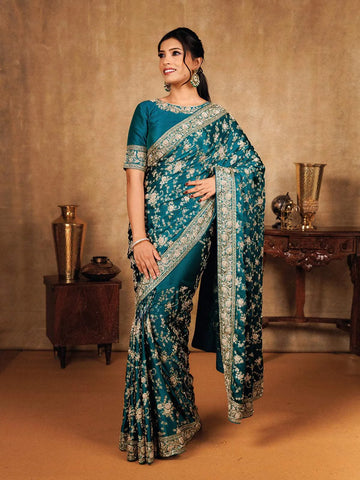 Peacock Green Bridal Satin Saree With Full Zardosi Floral Design - Diadem