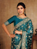 Peacock Green Bridal Satin Saree With Full Zardosi Floral Design - Diadem