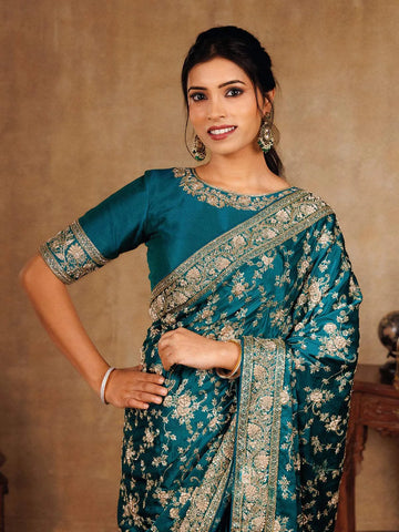 Peacock Green Bridal Satin Saree With Full Zardosi Floral Design - Diadem