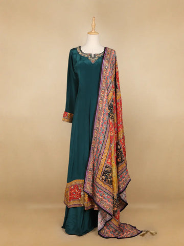 Peacock Green Floral Designed Semi Silk Anarkali Salwar Suit - Diadem