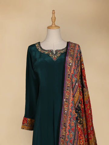 Peacock Green Floral Designed Semi Silk Anarkali Salwar Suit - Diadem