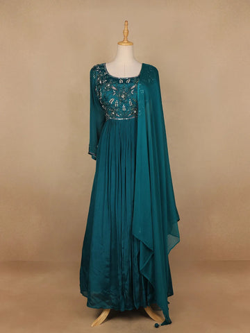 Peacock Green Floral Embroidery Semi Silk Gown - Diadem