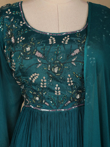 Peacock Green Floral Embroidery Semi Silk Gown - Diadem