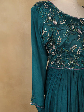 Peacock Green Floral Embroidery Semi Silk Gown - Diadem