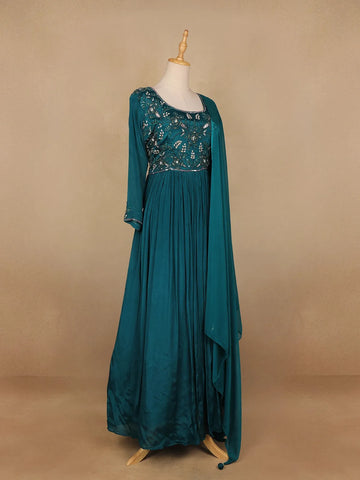 Peacock Green Floral Embroidery Semi Silk Gown - Diadem