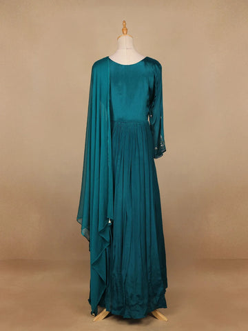 Peacock Green Floral Embroidery Semi Silk Gown - Diadem