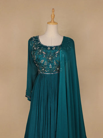 Peacock Green Floral Embroidery Semi Silk Gown - Diadem