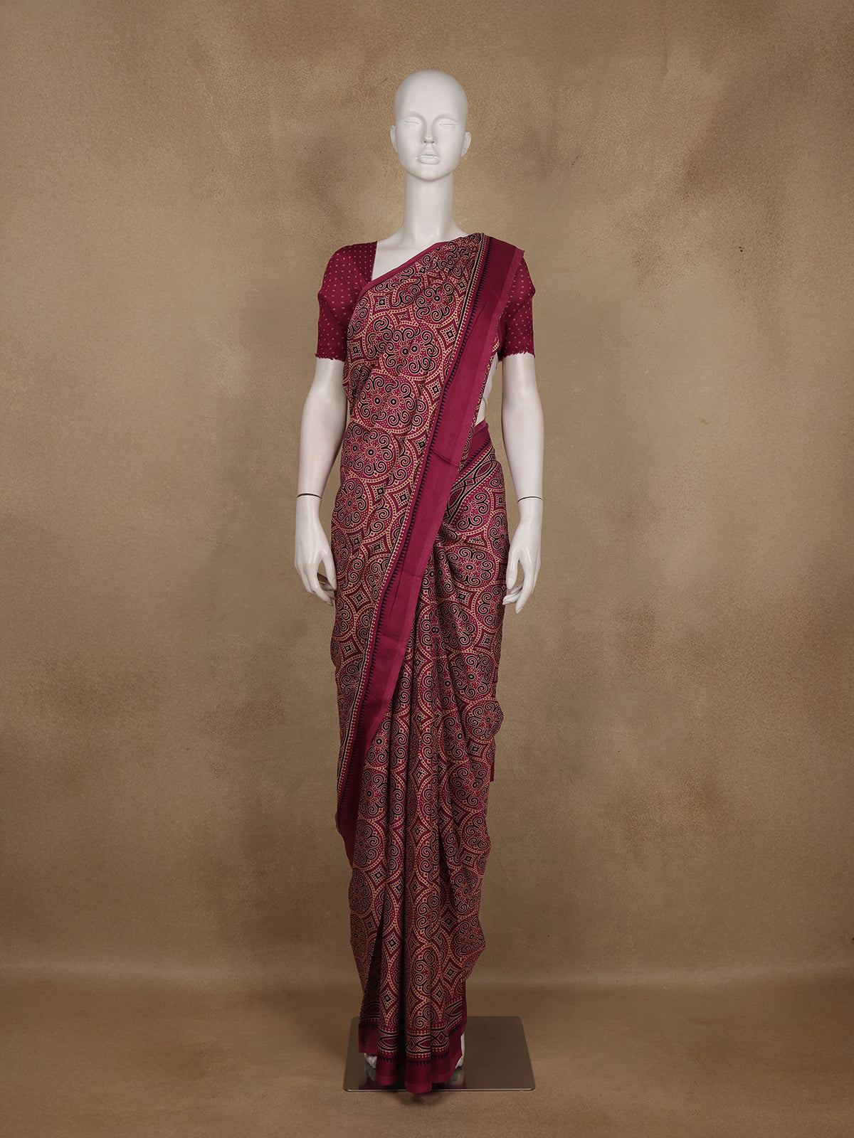 Pink Ajrakh Design Mul Mul Cotton Saree