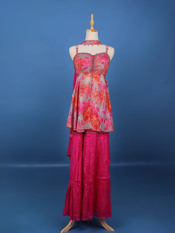 Grey And Pink Floral Printed Synthetic Sharara Set - Diadem