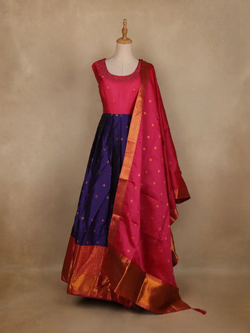 Pink And Navy Blue Woven Banarasi Silk Gown with Dupatta - Diadem