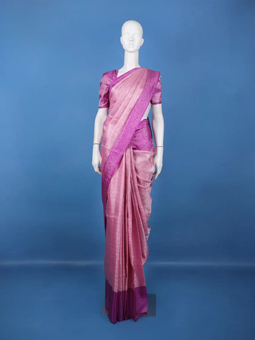 Pink And Purple Floral Motif Woven Pure Kanchipuram Silk Saree with Zari Border - Diadem