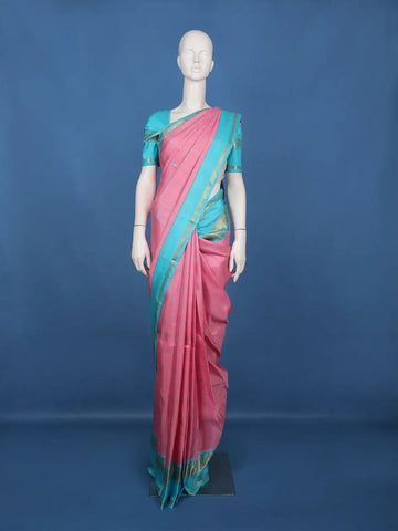 Pink Checked Design Woven Pure Kanchipuram Silk Saree With Contrast Border - Diadem