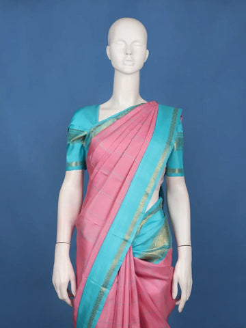 Pink Checked Design Woven Pure Kanchipuram Silk Saree With Contrast Border - Diadem