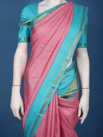 Pink Checked Design Woven Pure Kanchipuram Silk Saree With Contrast Border - Diadem