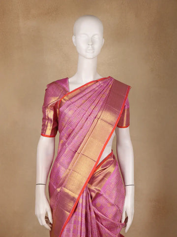 Pink Checked Woven Pure Kanchipuram Silk Saree With Zari Border - Diadem
