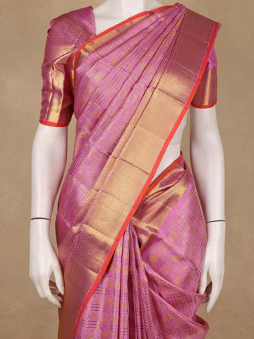 Pink Checked Woven Pure Kanchipuram Silk Saree With Zari Border - Diadem