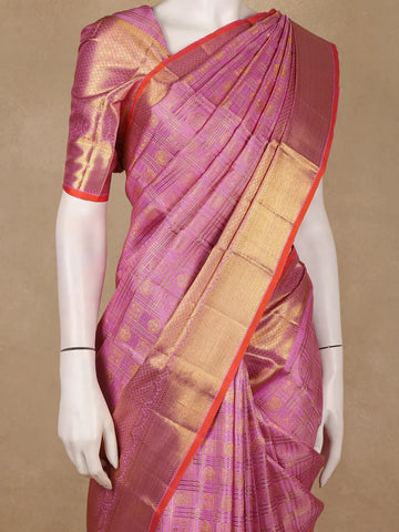 Pink Checked Woven Pure Kanchipuram Silk Saree With Zari Border - Diadem