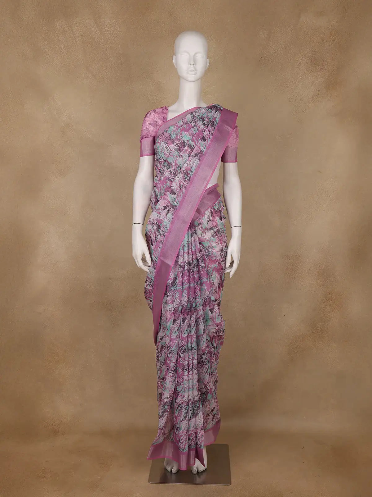Pink Floral Abstract Design Semi Tissue Saree - Diadem