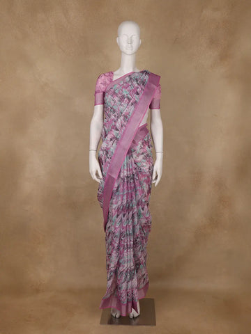 Pink Floral Abstract Design Semi Tissue Saree - Diadem