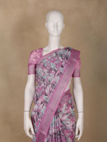 Pink Floral Abstract Design Semi Tissue Saree - Diadem