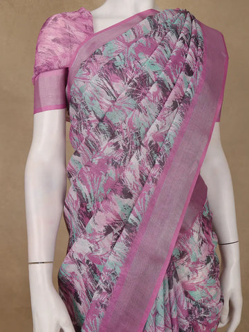 Pink Floral Abstract Design Semi Tissue Saree - Diadem
