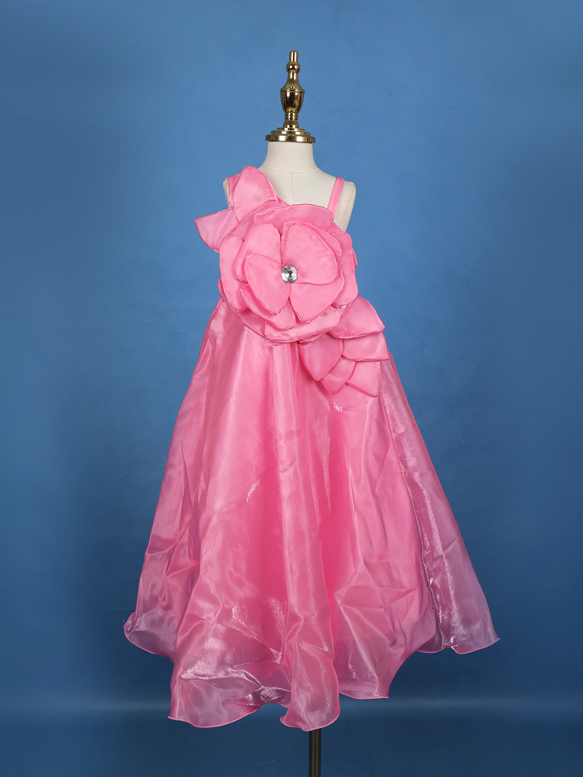 Pink Floral Design Satin Party Wear Frock