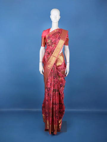 Pink Floral Design Woven Pure Kanchipuram Silk Saree With Zari Border - Diadem