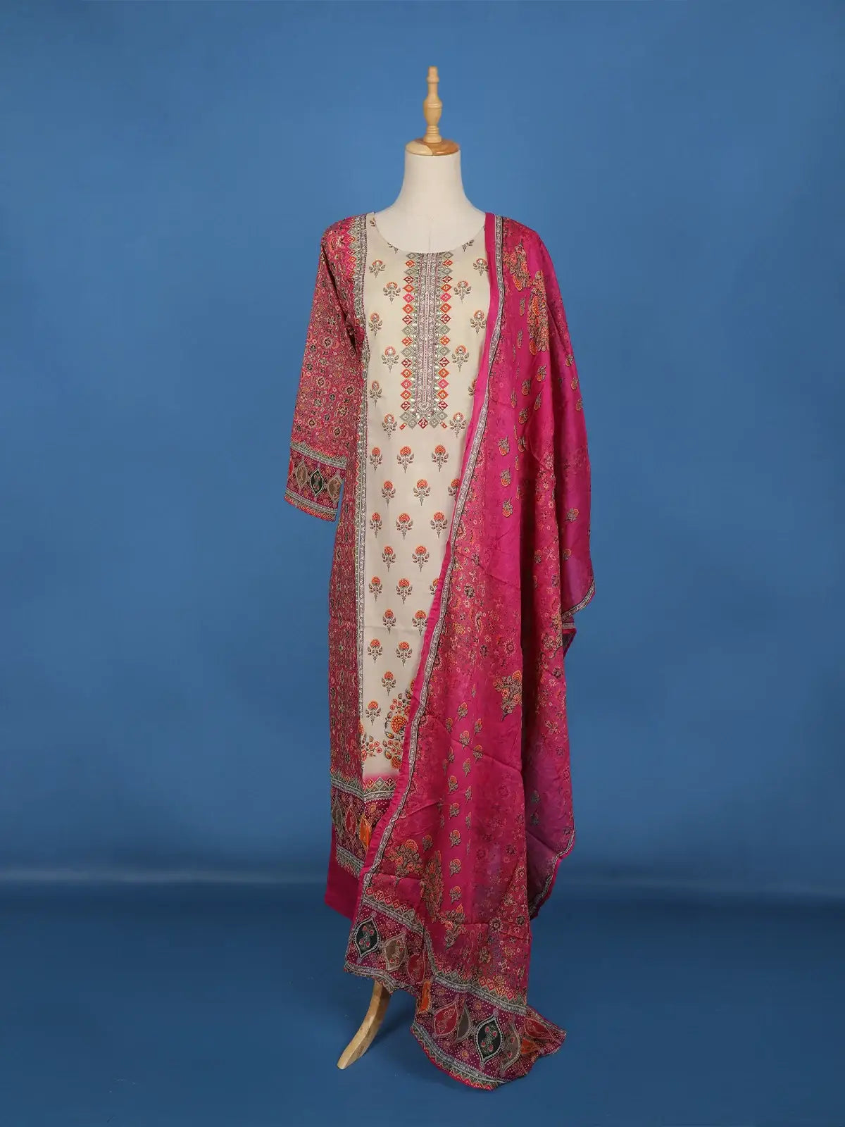 Pink And Beige Floral Designed Cotton Salwar Suit - Diadem